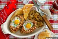 Twice-Baked Flannel Potatoes with Eggs Nestled Inside