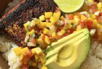 Blackened Salmon Bowl Topped with Fresh Mango Salsa