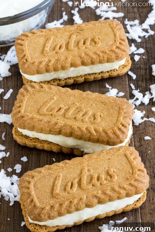 coconut cream filled biscoff cookies on a table