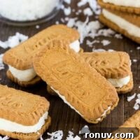coconut cream filled biscoff cookies on a table