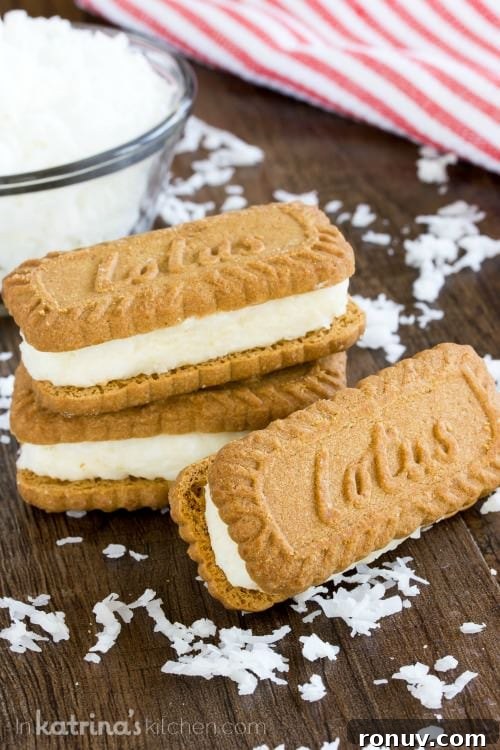 Coconut Cream-Filled Biscoff Cookies 6 coconut cream filled biscoff cookies on a table