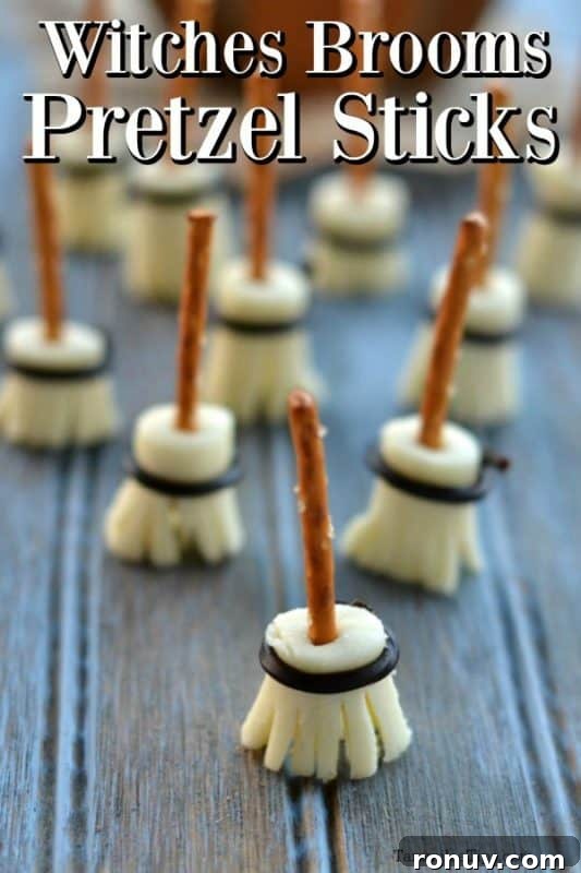 Halloween Witch's Broom Pretzel Sticks Recipe 2 Witches Broom pretzel sticks over pretzel brooms lined on a counter