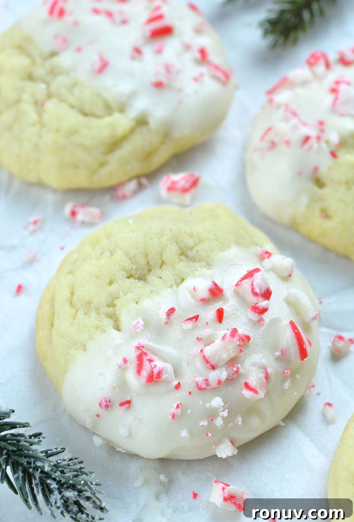 Peppermint Crunch Sugar Cookies with Crushed Candy Cane 2 Peppermint Crunch Sugar Cookies on a parchment paper.