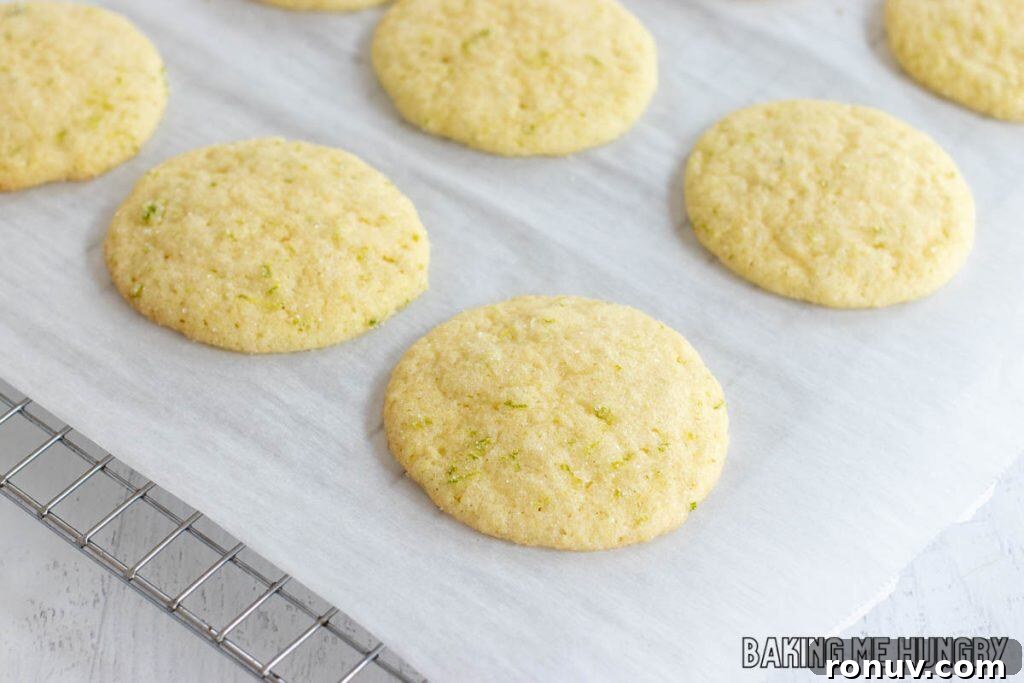 Zesty Lime Sugar Cookies with Citrus Glaze 10 baked cookies on parchment