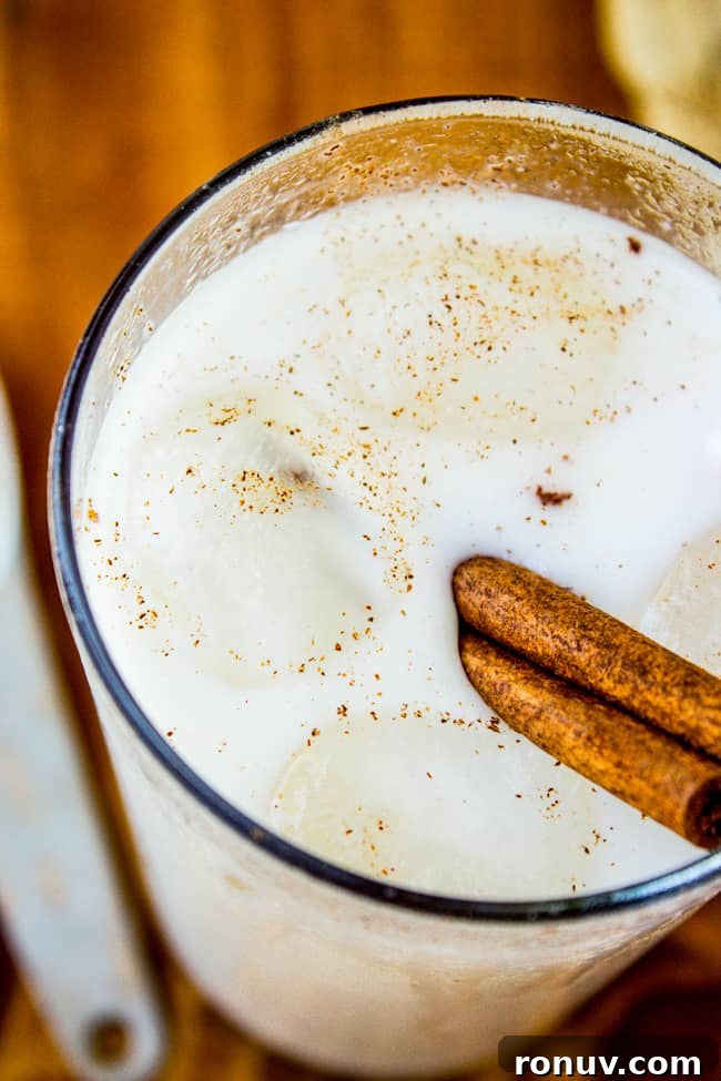 How to Make Authentic Mexican Horchata 4 a tall glass of horchata with ice and a cinnamon stick.