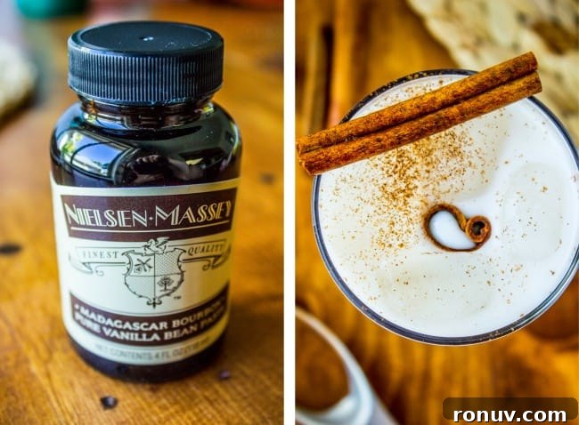 How to Make Authentic Mexican Horchata 5 a jar of vanilla bean paste and a glass of horchata with a cinnamon stick in it.