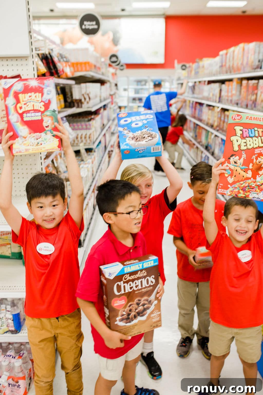 Target-Themed Birthday Party Ideas and Decor 12 kids holding cereal