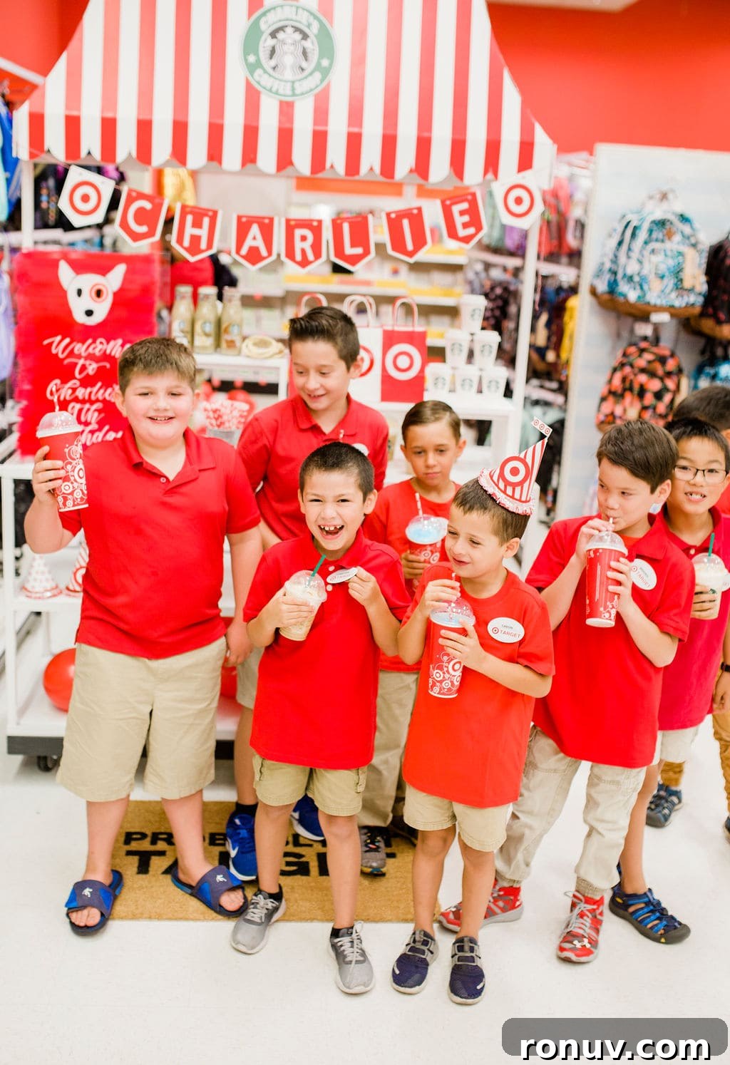 Target-Themed Birthday Party Ideas and Decor 25 kids holding drinks