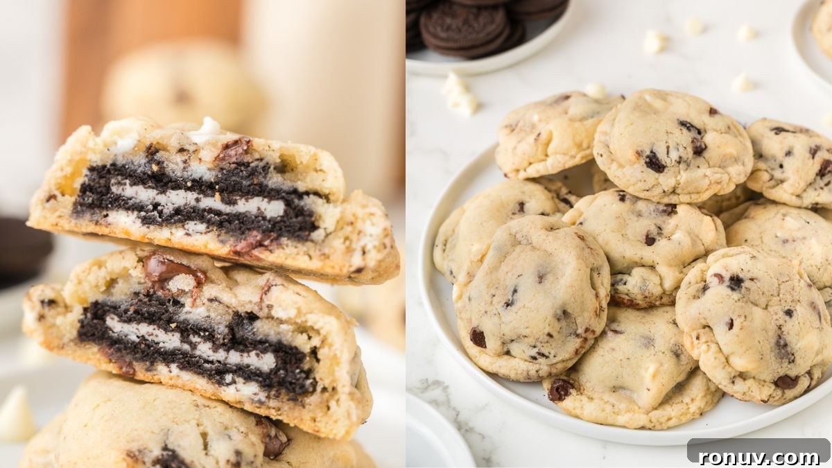 Gooey Stuffed Cookies: Chewy, Melt-in-Your-Mouth Fillings 2 Oreo stuffed chocolate chip cookies on a white plate.