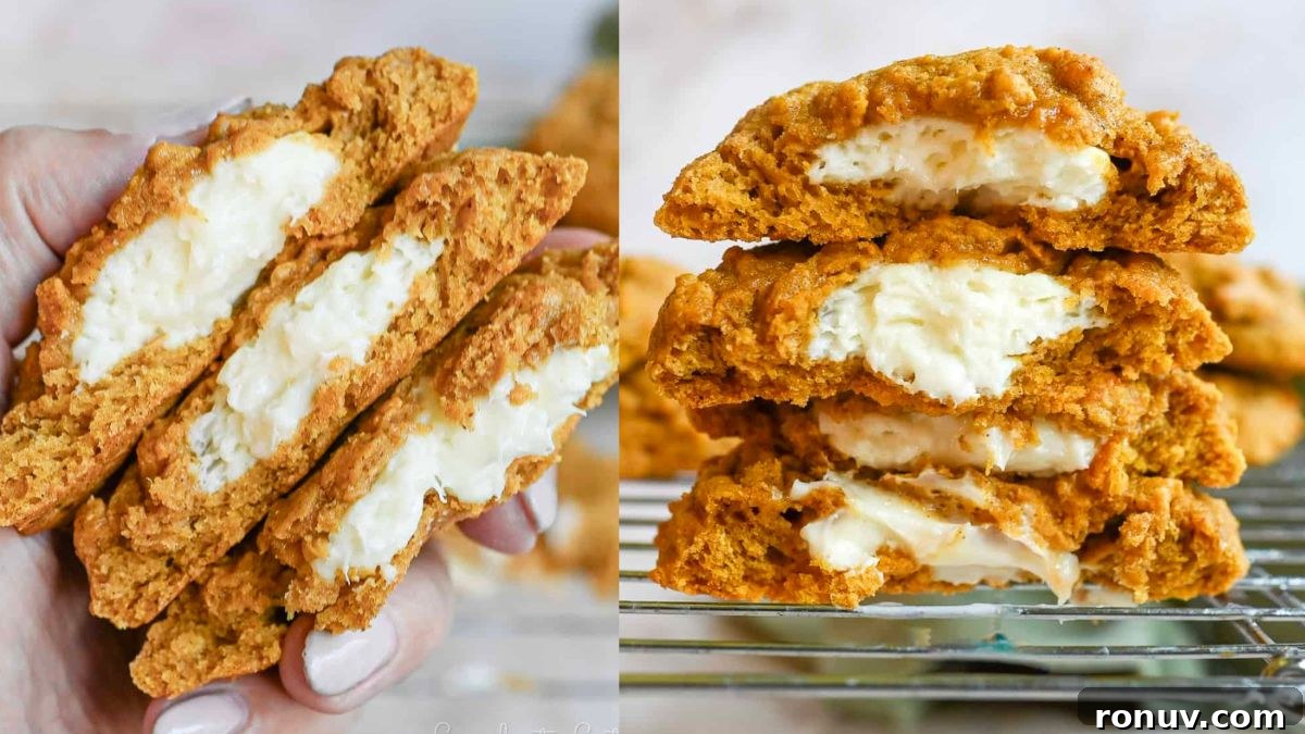 Gooey Stuffed Cookies: Chewy, Melt-in-Your-Mouth Fillings 3 Pumpkin cheesecake-stuffed cookies on wire cooling rack.
