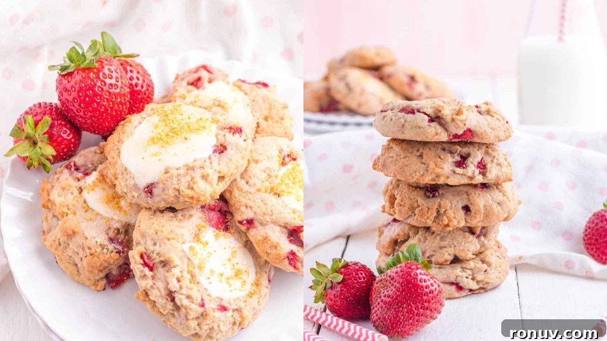 Gooey Stuffed Cookies: Chewy, Melt-in-Your-Mouth Fillings 4 Strawberry cheesecake cookies stacked on a white plate.