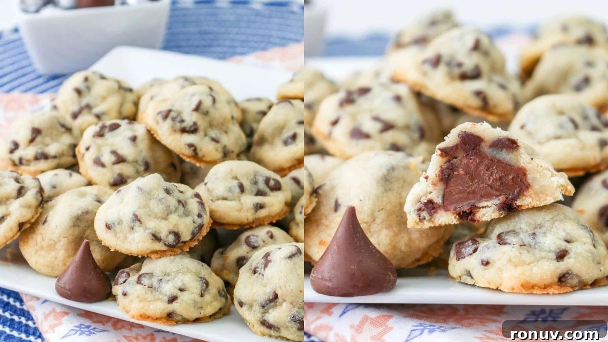 Gooey Stuffed Cookies: Chewy, Melt-in-Your-Mouth Fillings 5 Chocolate chip Hershey cookies on a white plate.