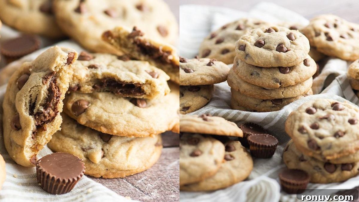 Gooey Stuffed Cookies: Chewy, Melt-in-Your-Mouth Fillings 6 Chocolate chip Reese's stuffed cookies on a wooden board.
