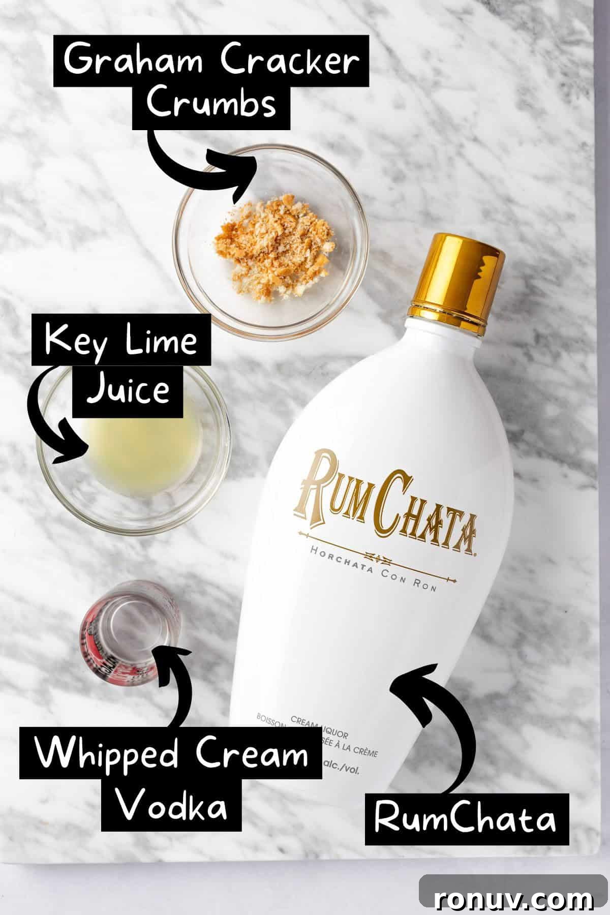 Key Lime Pie Shot Recipe: Creamy Citrus Shooter 3 The ingredients needed to make the key lime pie shooters.