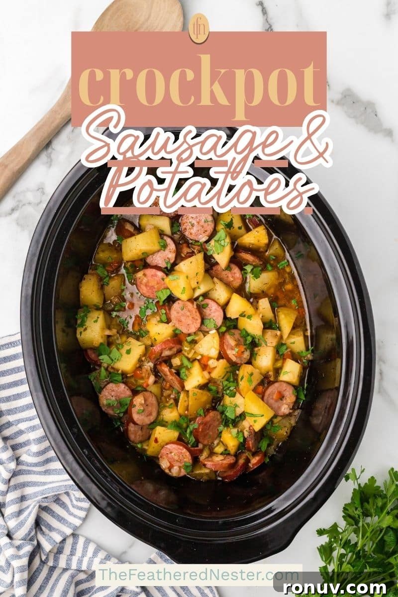 Slow Cooker Sausage and Potatoes 10 a graphic image for pinterest with the words "crock pot sausage and potatoes"