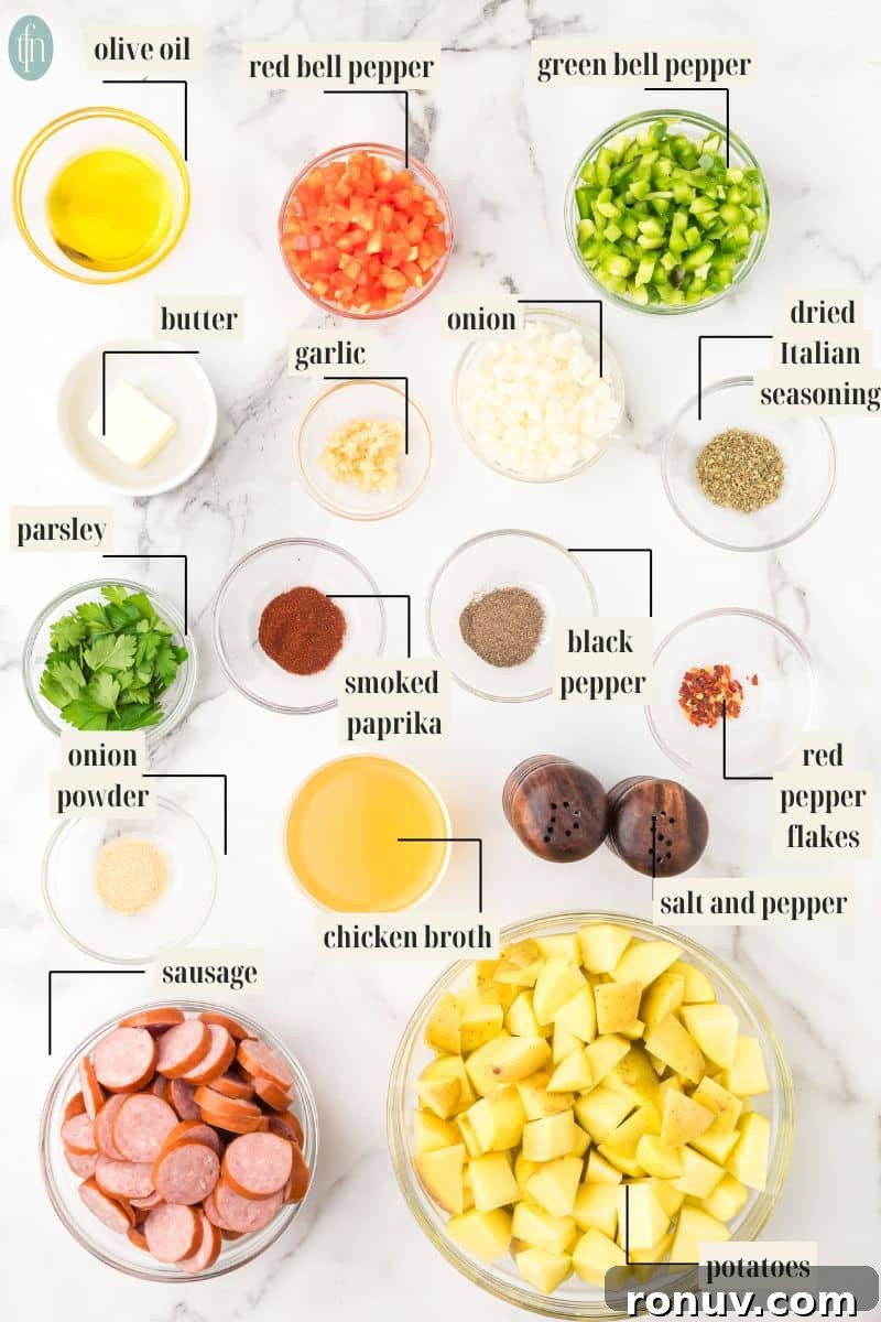 Slow Cooker Sausage and Potatoes 4 a graphic image of labeled ingredients for sausages and potatoes in slow cooker.