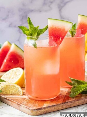 2 glasses of watermelon lemonade with sprigs of mint and watermelon wedges on a wood cutting board.