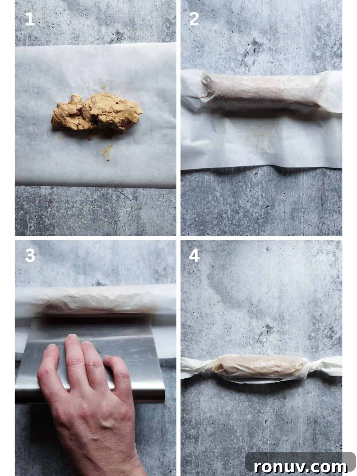 Gingerbread Butter Recipe for the Holidays 7 A collage of 4 images showing how to roll compound butter on a grey board.