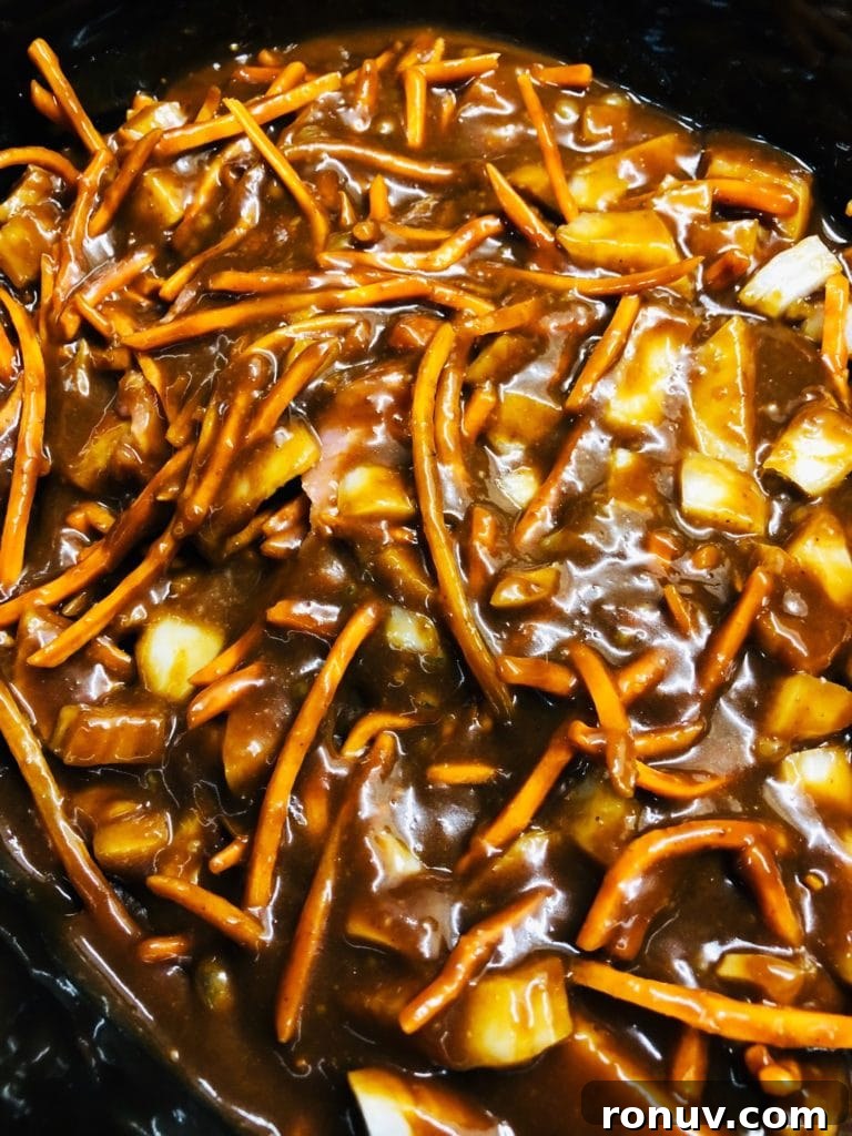 Slow Cooker Hoisin Peanut Noodles Recipe 4 meat and veggies with sauce before cooking
