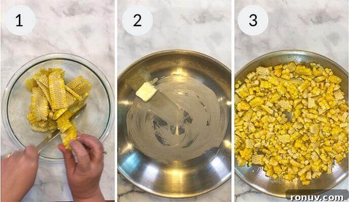 Elote Salad: Mexican Street Corn Recipe 4 Three-panel image showing: 1) hands cutting corn off cobs, 2) butter melting in a skillet, 3) bowl filled with cut corn kernels for Elote Salad.