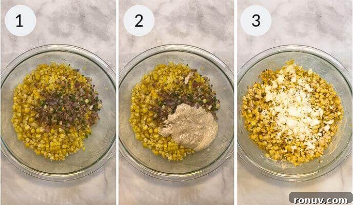 Elote Salad: Mexican Street Corn Recipe 5 Three side-by-side images show stages of mixing Elote Salad—corn, chopped ingredients, creamy sauce, and cheese—in a glass bowl on a marble surface, labeled 1, 2, and 3.