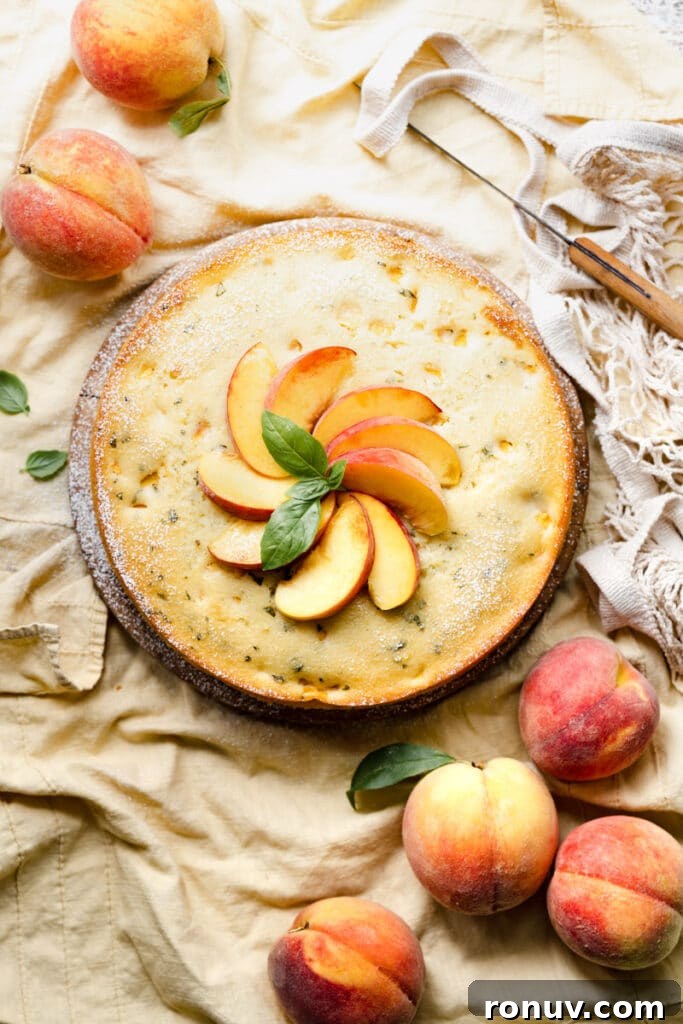 Peach Ricotta Cake with Fresh Basil 2 Single layer cake topped with yellow peaches and basil on a wood board.