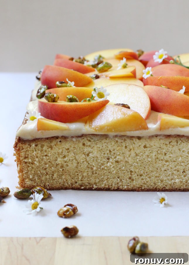 Fresh Peach Cardamom Sheet Cake with Salted Caramel Cream Cheese Frosting // FoodNouveau.com