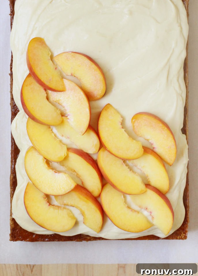 Fresh Peach Cardamom Sheet Cake with Salted Caramel Cream Cheese Frosting // FoodNouveau.com