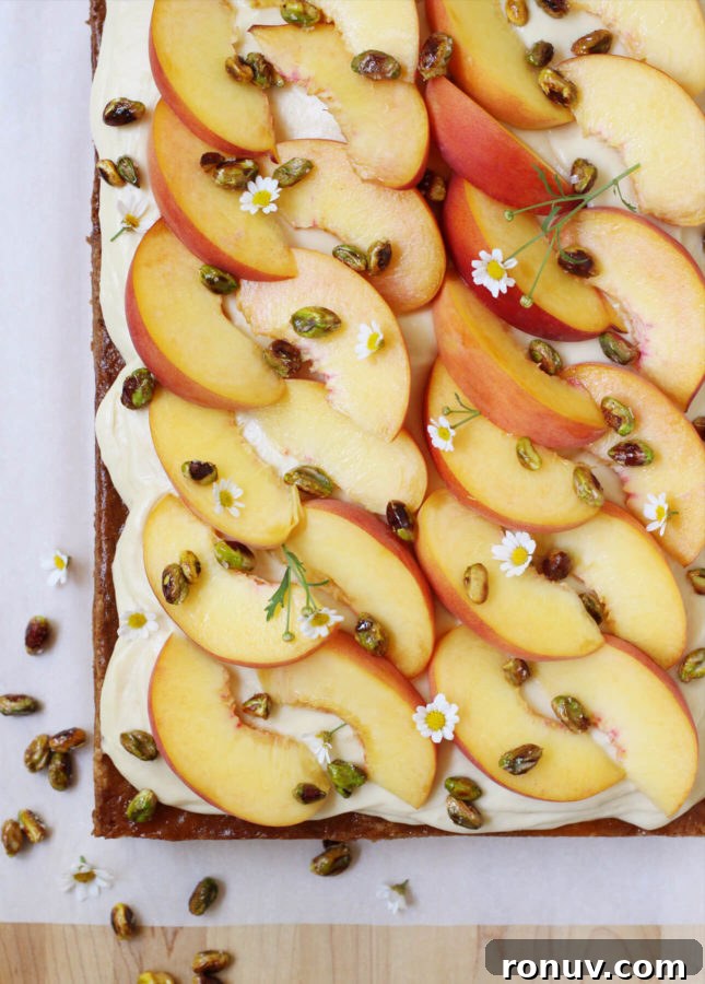 Fresh Peach Cardamom Sheet Cake with Salted Caramel Cream Cheese Frosting // FoodNouveau.com