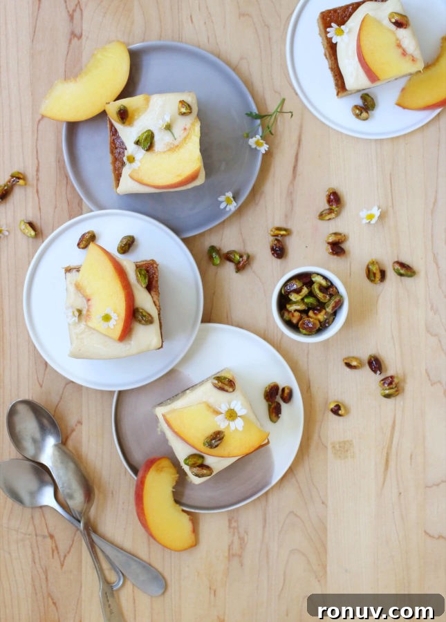 Fresh Peach Cardamom Sheet Cake with Salted Caramel Cream Cheese Frosting // FoodNouveau.com