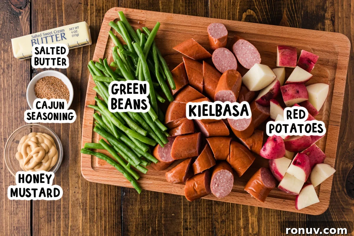 Slow Cooker Kielbasa Dinner Recipe with Potatoes 3 Ingredients for kielbasa dinner on a table.