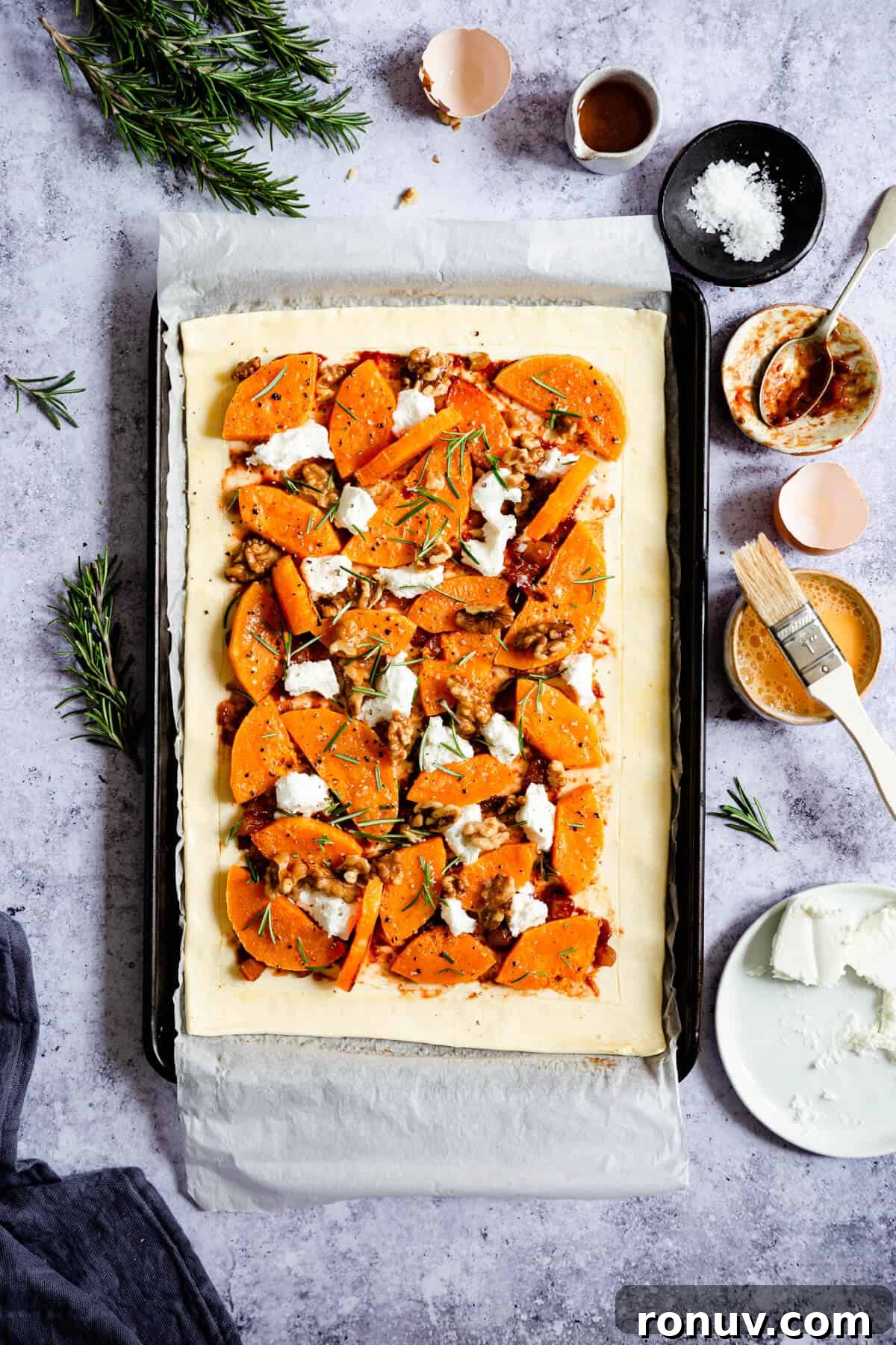 Roasted Butternut Squash and Goat Cheese Tart 9 overhead shot of unbaked butternut squash and goats' cheese tart