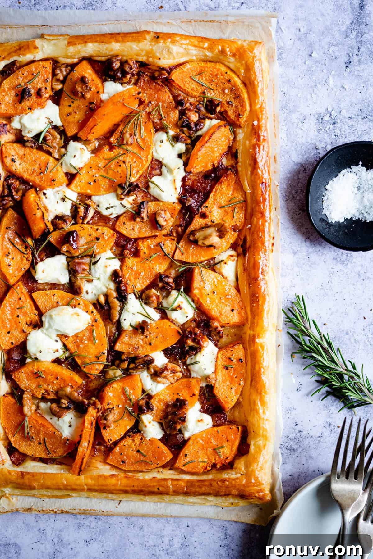 Roasted Butternut Squash and Goat Cheese Tart 10 close up of butternut squash & goats cheese tart