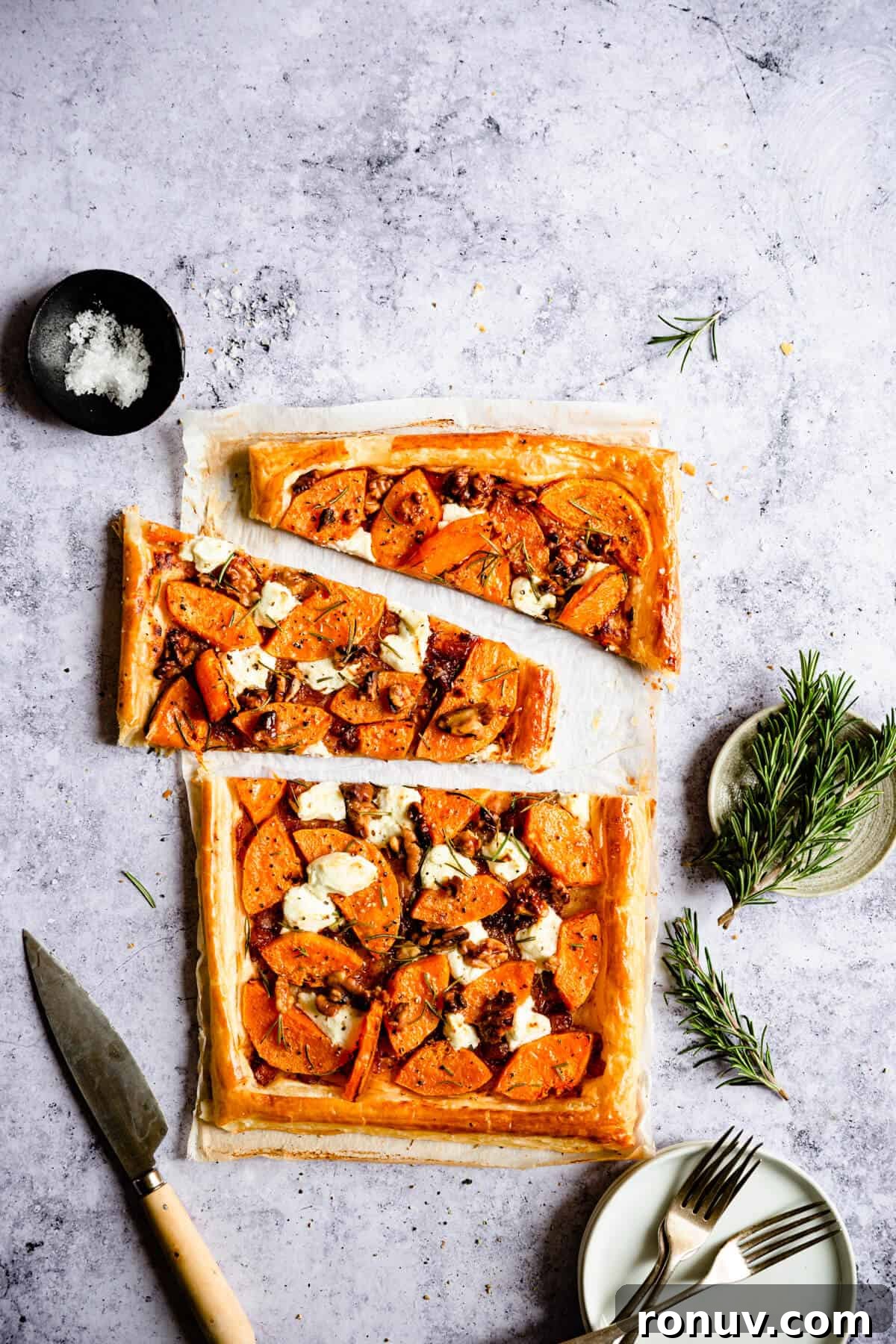 Roasted Butternut Squash and Goat Cheese Tart 11 overhead view of savoury tart sliced