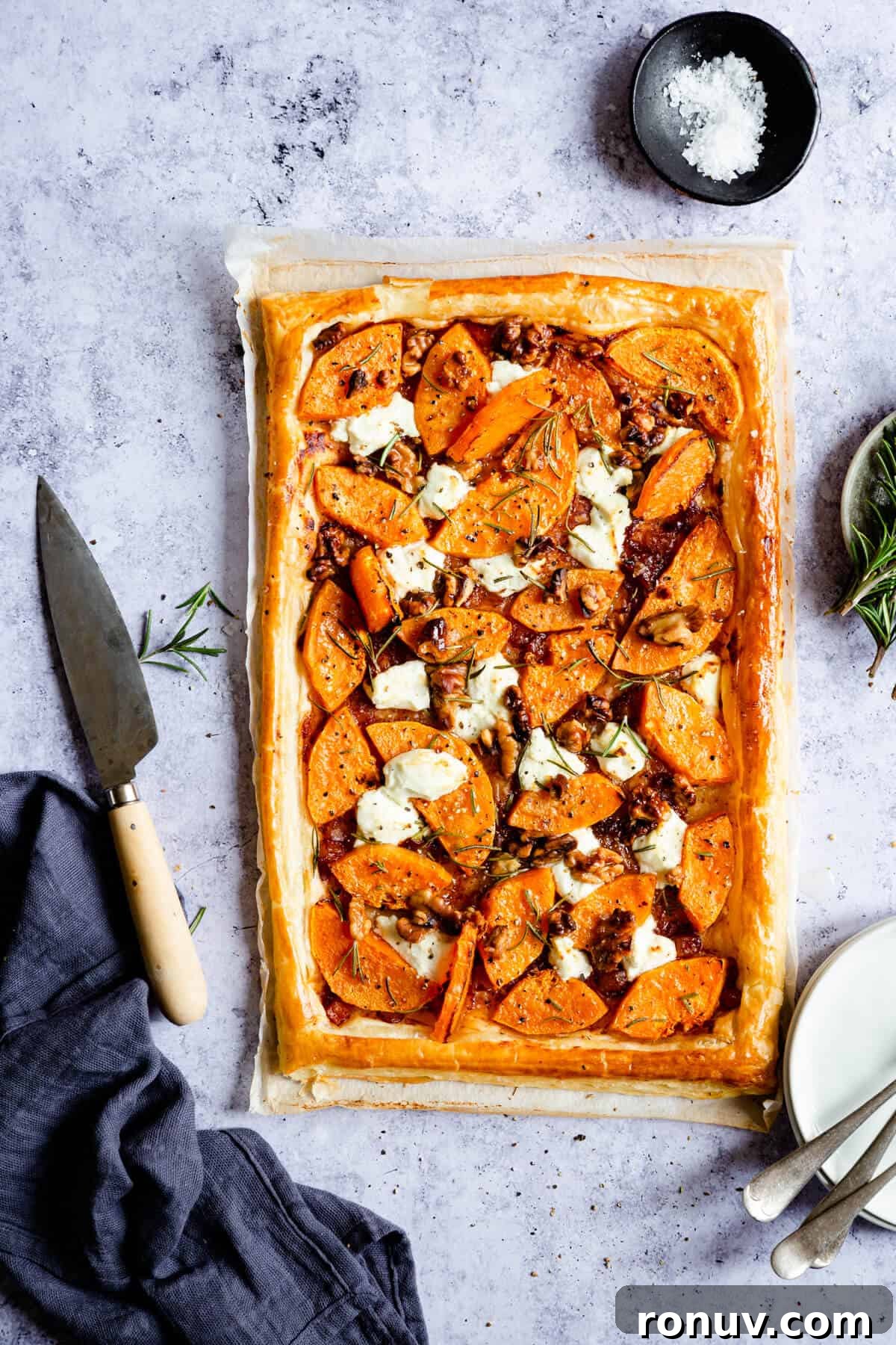 Roasted Butternut Squash and Goat Cheese Tart 3 overhead shot of puff pastry tart with butternut squash