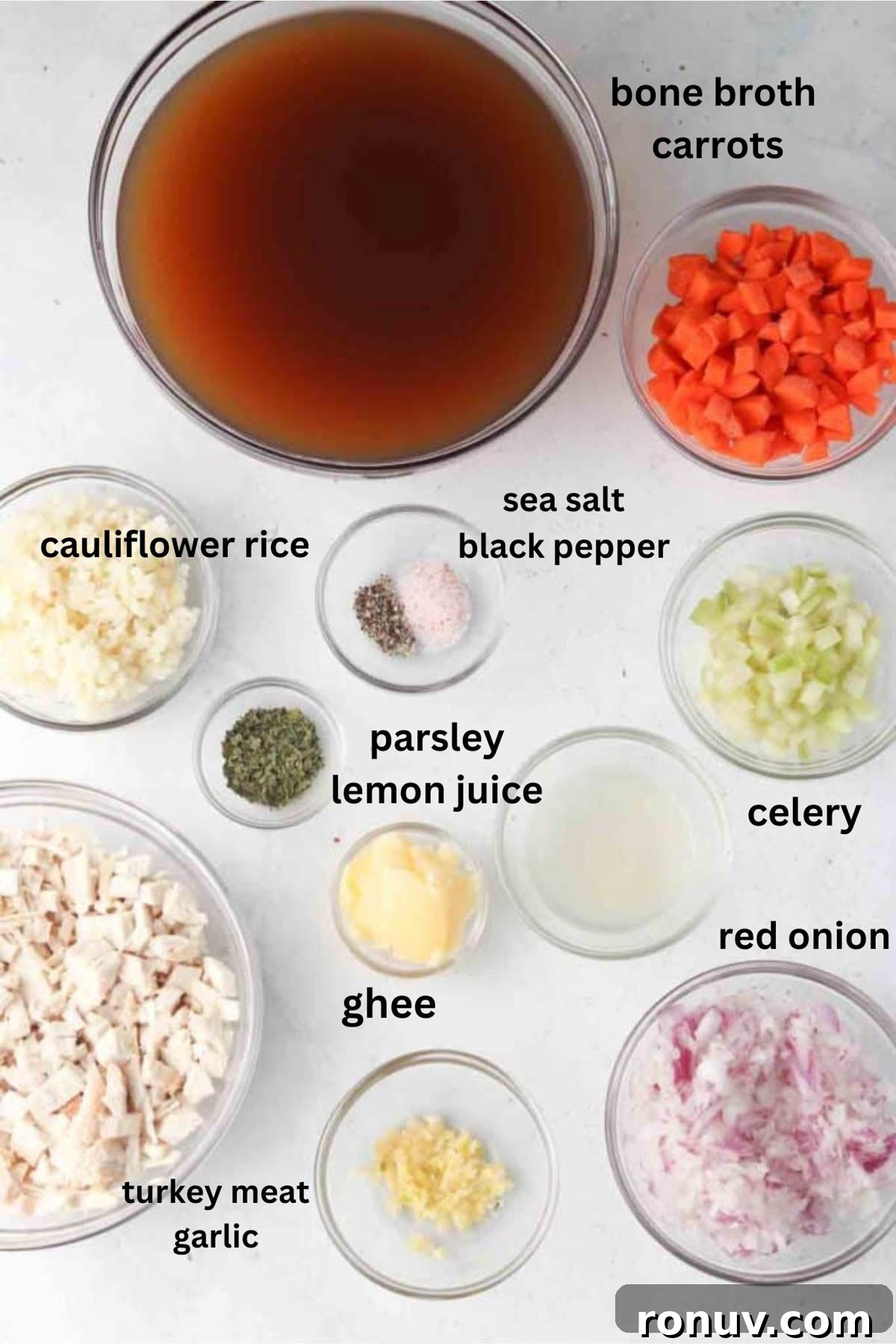 instant pot turkey soup 5 Instant pot turkey soup ingredients in small glass bowls.