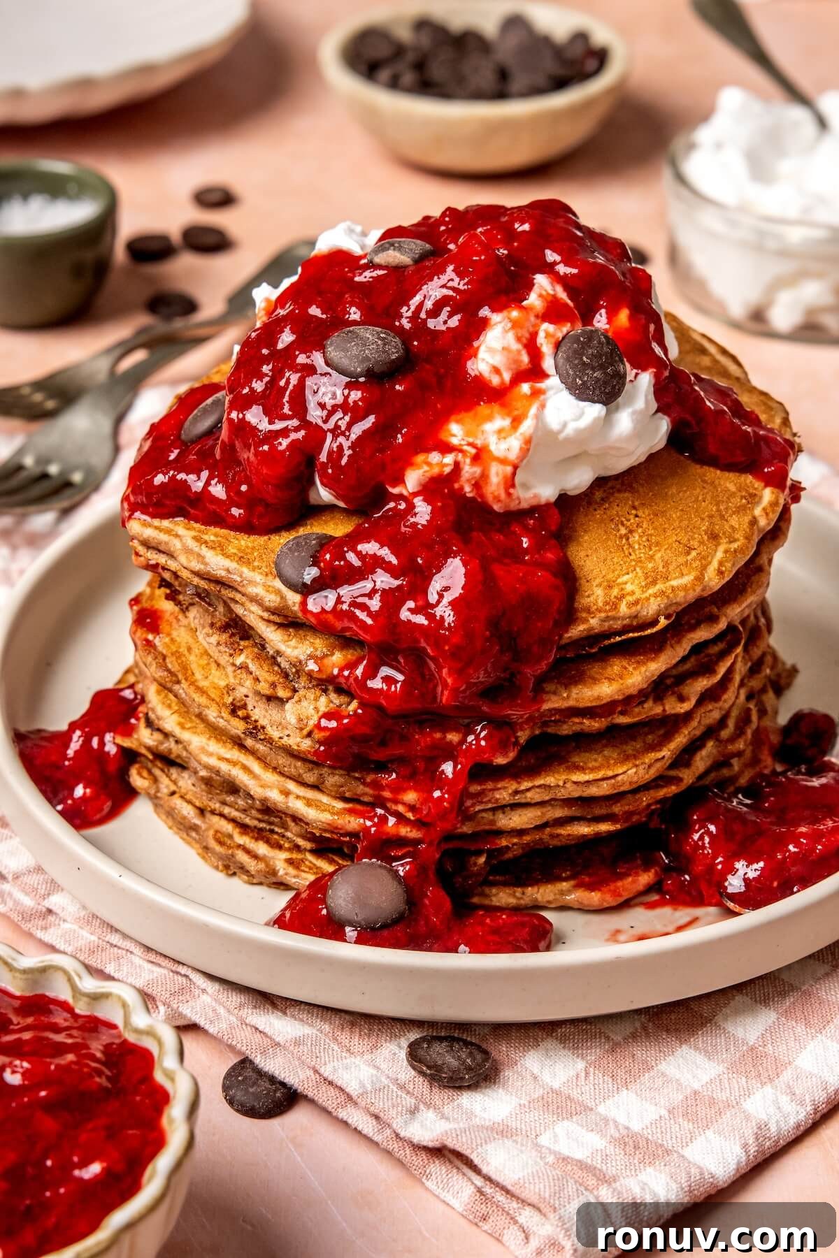 Chocolate Protein Pancakes with Strawberry Sauce - Olivia Adriance