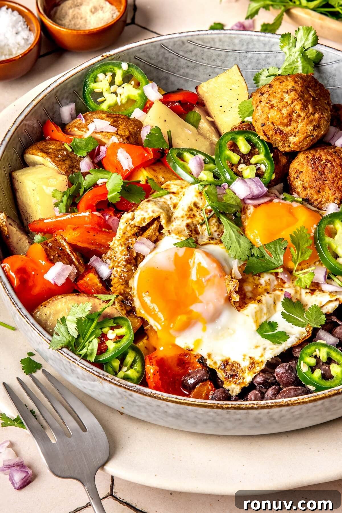 Breakfast Burrito Bowls with Chorizo, Eggs, and Veggies GF DF - Olivia Adriance