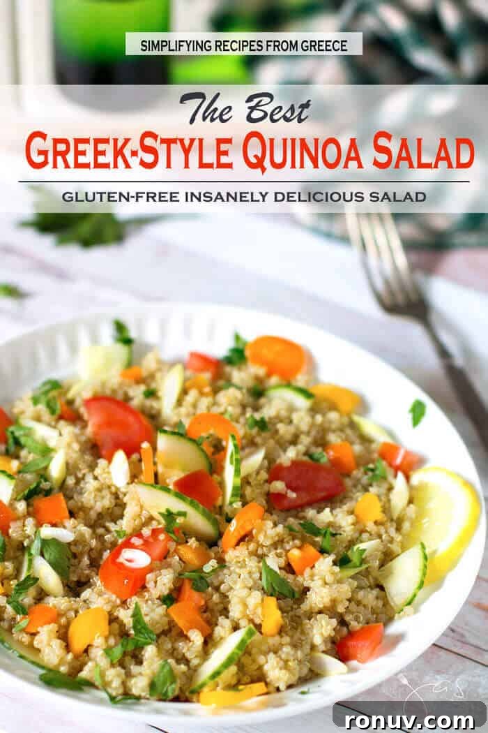 Greek Quinoa Salad with Feta, Cucumber and Olives 2 A bowl of salad with quinoa and cucumbers