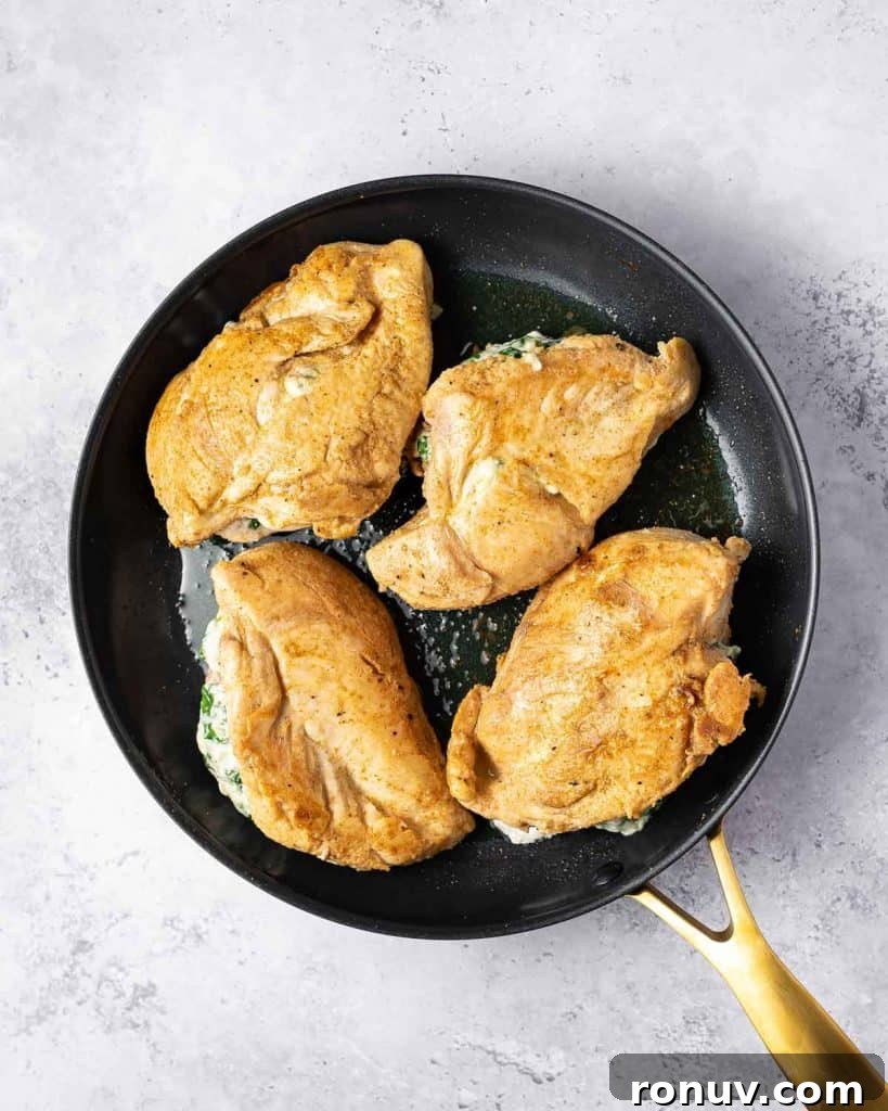 Spinach and Cheese Stuffed Chicken Florentine 10 Stuffed chicken breasts seared in a pan.