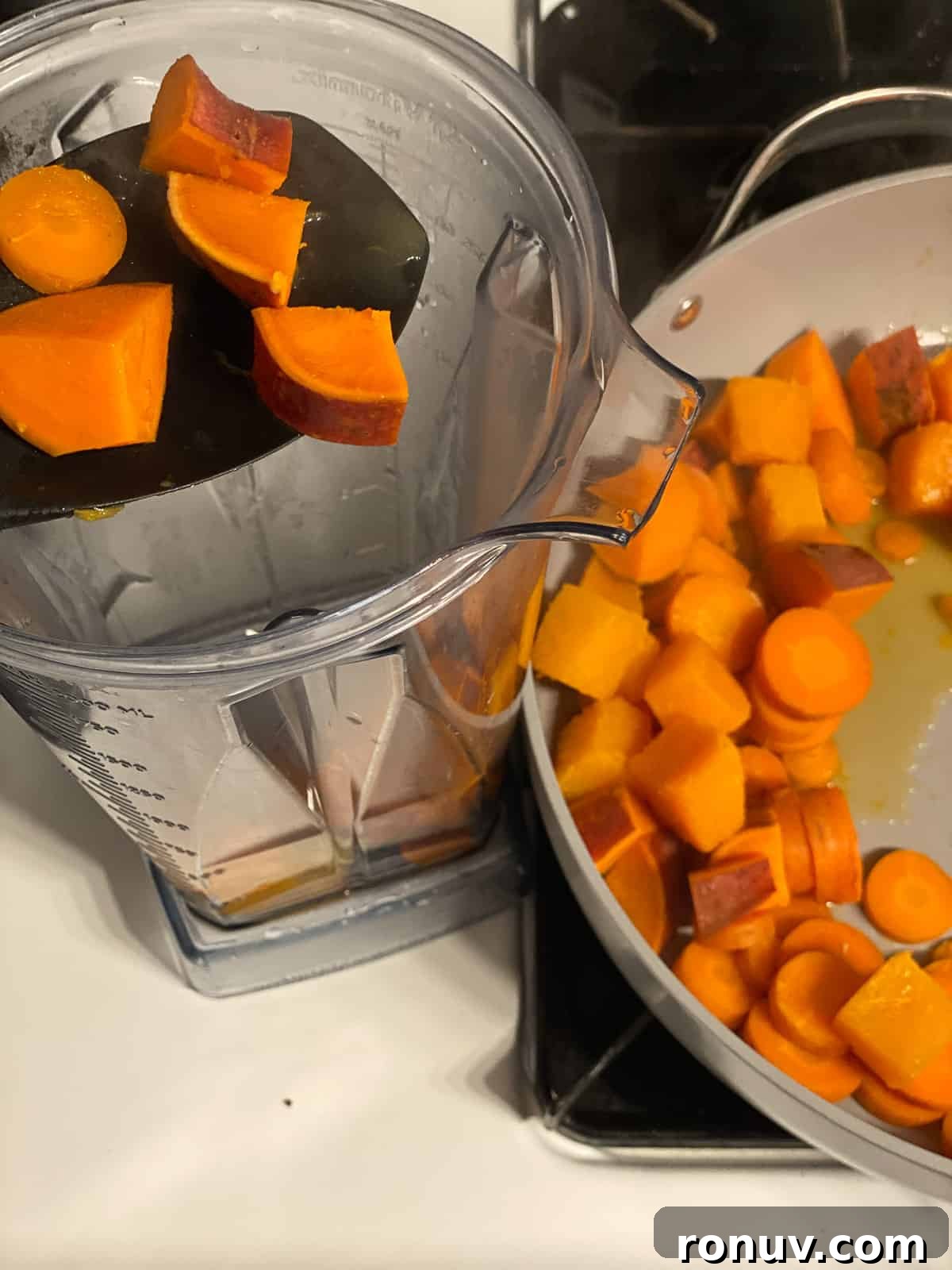 Baked Black Bean and Quinoa Casserole 5 process shot of butternut squash being added to food processor