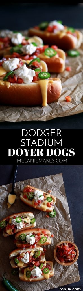 Where to Find Dodger Dogs at Dodger Stadium 2 My Dodger Stadium Doyer Dogs are like bringing the ballpark home, but with a more flavorful punch! This hot dog is nestled in a pillowy bun before being covered with my Beer Braised Beanless Chili, Beer Cheese Fondue, pico de gallo, sour cream and sliced jalapeños.