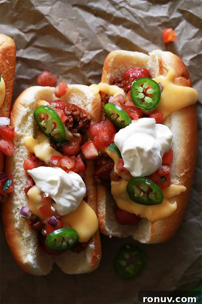 Close-up of a Doyer Dog Close-up of a Doyer Dog with beanless chili and beer cheese fondue.
