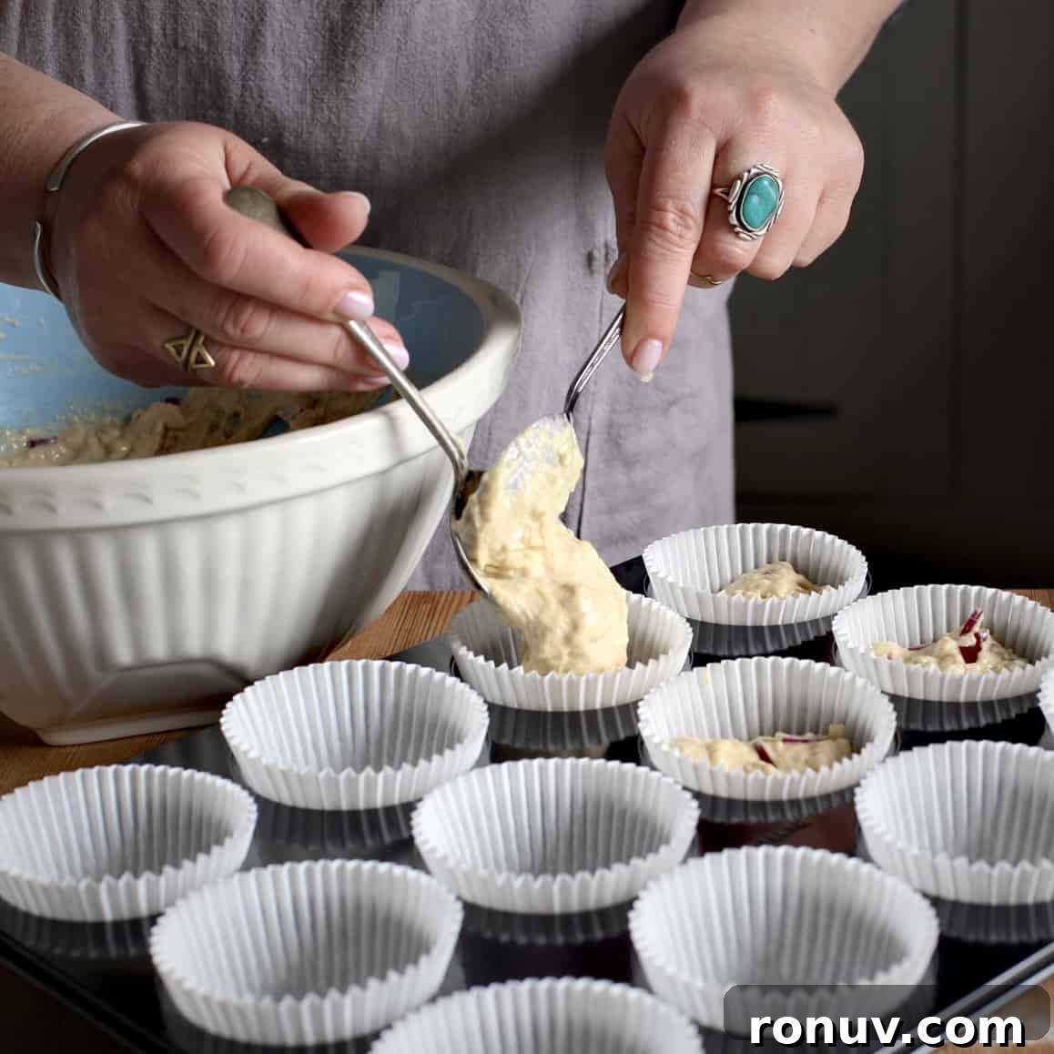 Savory Cheese and Red Onion Muffins: Budget-Friendly Snack 11 Spoon batter into cases