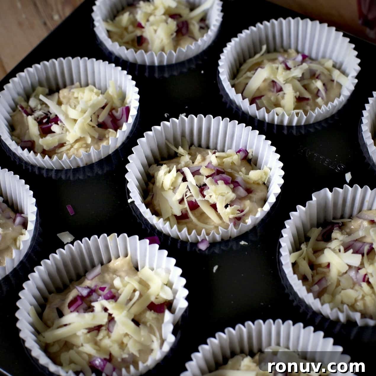 Savory Cheese and Red Onion Muffins: Budget-Friendly Snack 13 Muffin tin ready for baking