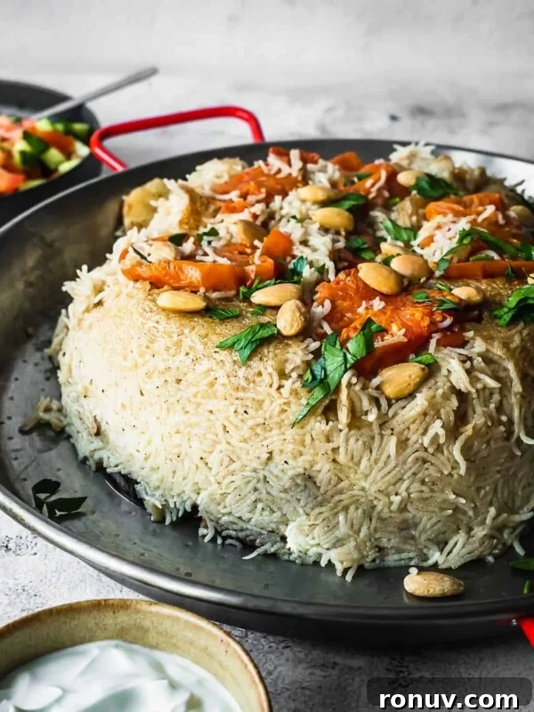 Upside down rice and vegetable dish on a platter.