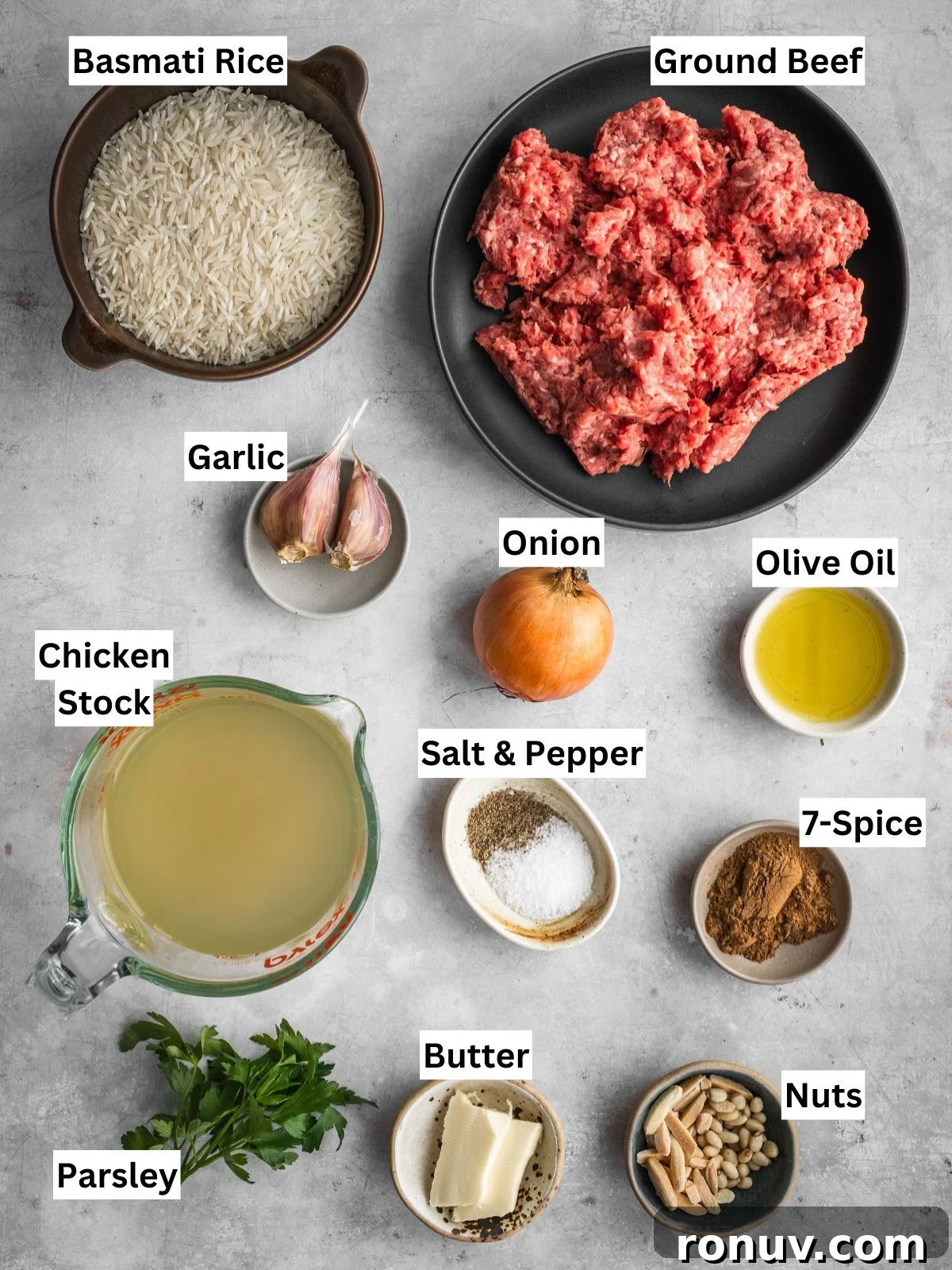 Lebanese Hashweh: Spiced Rice with Ground Beef 3 Hashweh spiced rice with ground beef recipe ingredients with individual labels on a board.