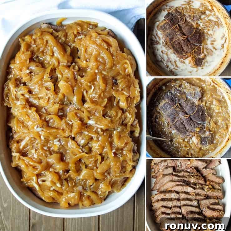 Beer-Braised Beef with Caramelized Onions Recipe 4 Process photo collage, slices of roast covered in onions.