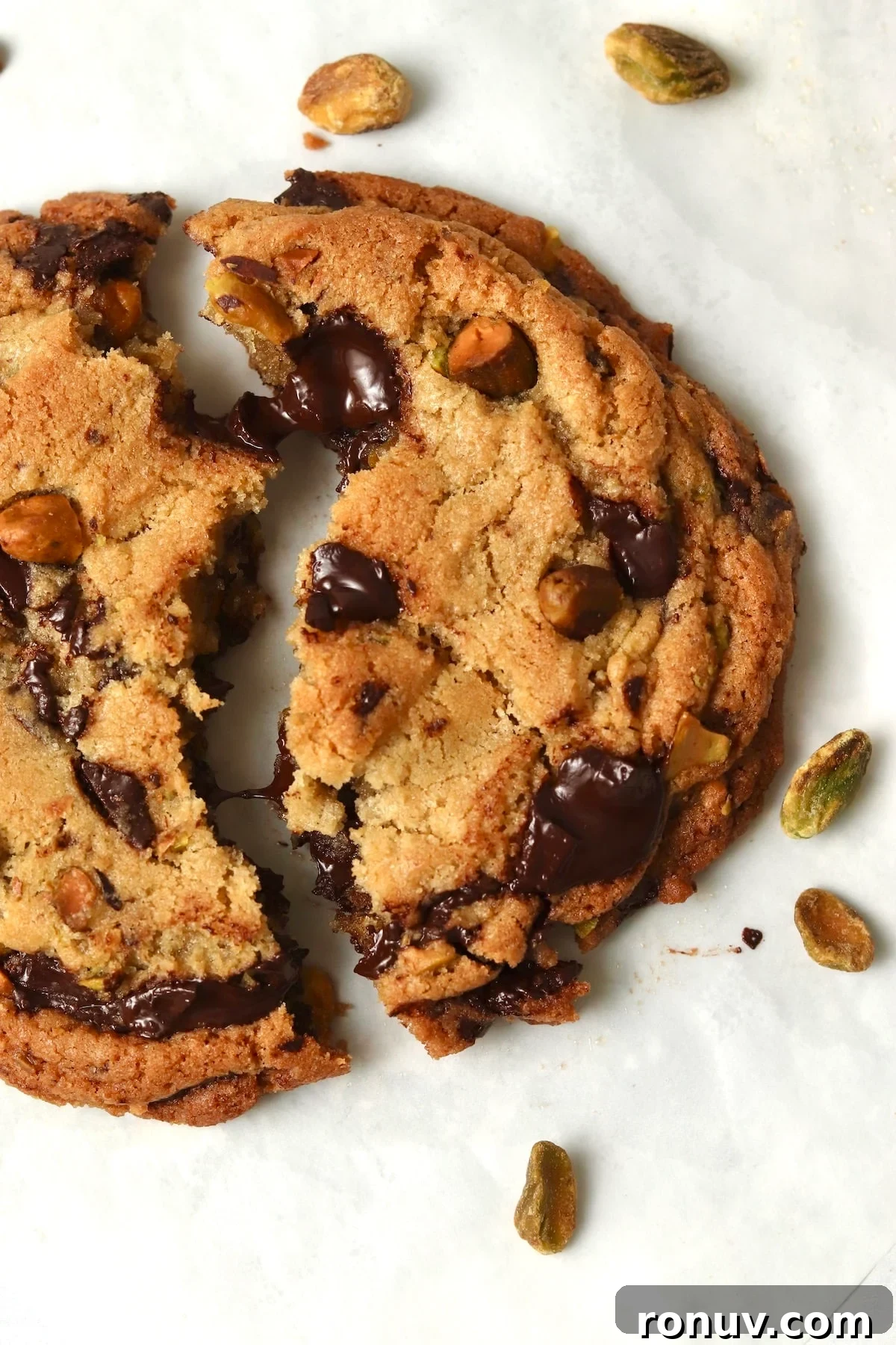 Single serve pistachio chocolate chunk cookie broken in half.