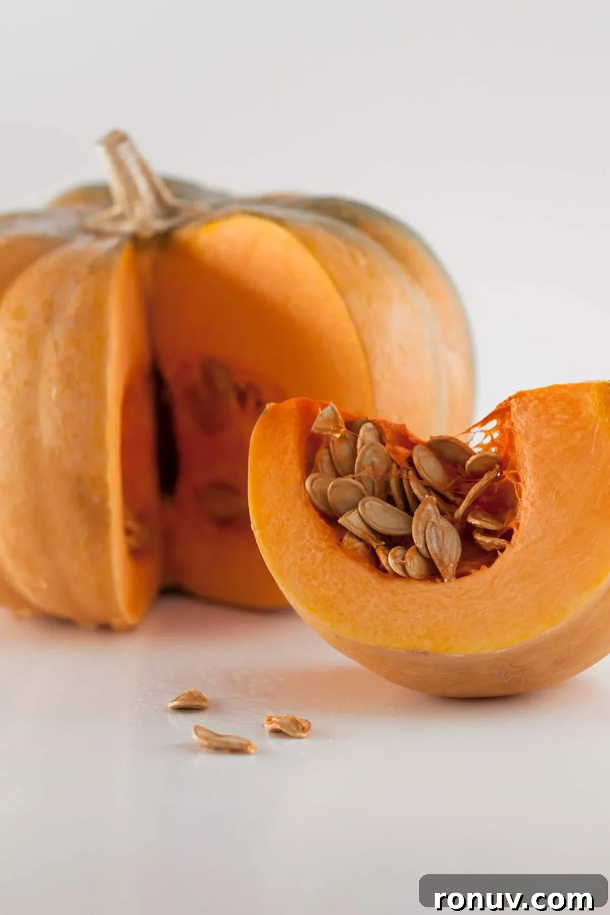 How Do I Make Fresh Pumpkin Puree? Cut piece of pumpkin next to full pumpkin.